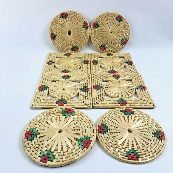 Unbranded Other - Woven Raffia Straw Trivets Set of 8 Round Square